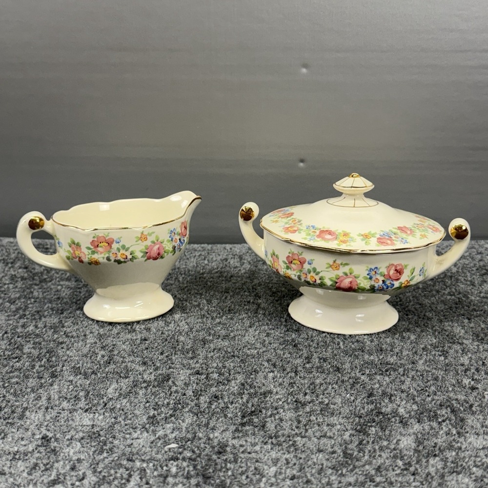 Stetson China Sugar Bowl Lid & Creamer Set  Roses Daisies Blue Flowers Scalloped